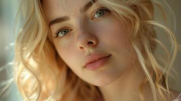 beautiful young woman with blond hair looking photo