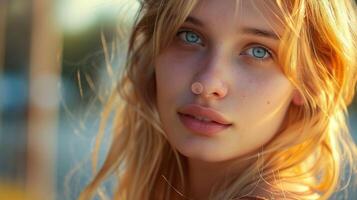 beautiful young woman with blond hair looking photo