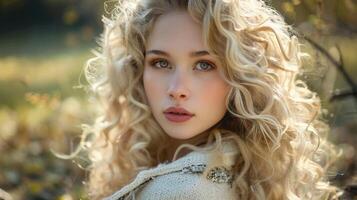 beautiful young woman with long blond curly hair photo