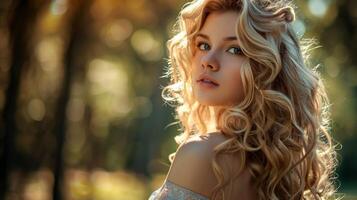 beautiful young woman with long blond curly hair photo