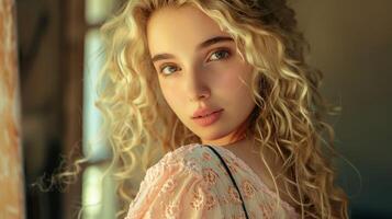 beautiful young woman with long blond curly hair photo