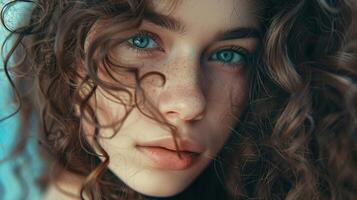 beautiful young woman with long brown curly hair photo