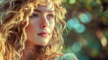 beautiful young woman with long blond curly hair photo