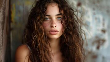 beautiful young woman with long brown curly hair photo