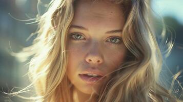 beautiful young woman with long blond hair looking photo