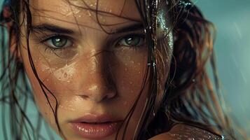 beautiful young woman with wet brown hair looking photo