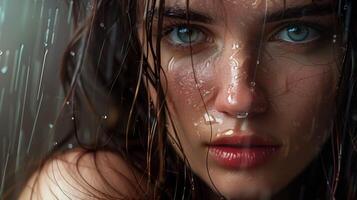 beautiful young woman with wet brown hair looking photo