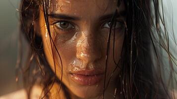 beautiful young woman with wet brown hair looking photo