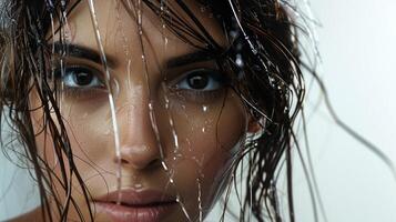 beautiful young woman with wet brown hair looking photo