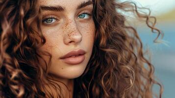 beautiful young woman with long curly brown hair photo