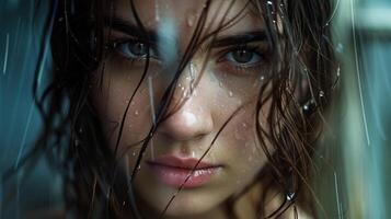 beautiful young woman with wet brown hair looking photo