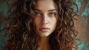 beautiful young woman with long curly brown hair photo