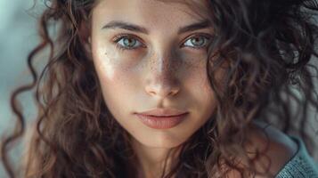 beautiful young woman with long curly brown hair photo