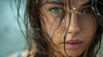 hermosa joven mujer con mojado marrón pelo mirando foto