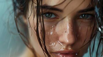 beautiful young woman with wet brown hair looking photo