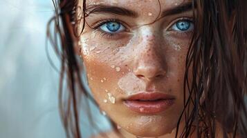 beautiful young woman with wet brown hair looking photo