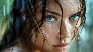 beautiful young woman with wet brown hair looking photo