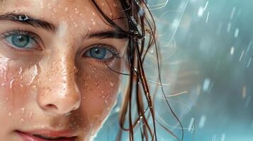 beautiful young woman with wet brown hair looking photo