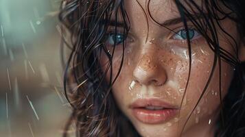 beautiful young woman with wet brown hair looking photo