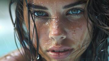 beautiful young woman with wet brown hair looking photo