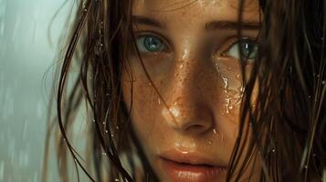 beautiful young woman with wet brown hair looking photo