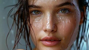 hermosa joven mujer con mojado marrón pelo mirando foto
