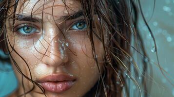 beautiful young woman with wet brown hair looking photo