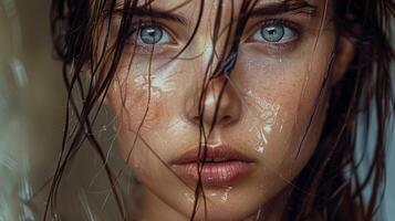 beautiful young woman with wet brown hair looking photo