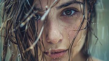 beautiful young woman with wet brown hair looking photo