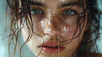 beautiful young woman with wet brown hair looking photo