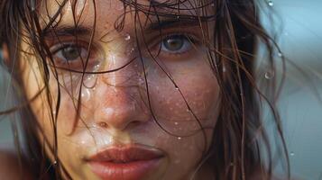 hermosa joven mujer con mojado marrón pelo mirando foto