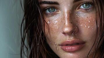 beautiful young woman with wet brown hair looking photo