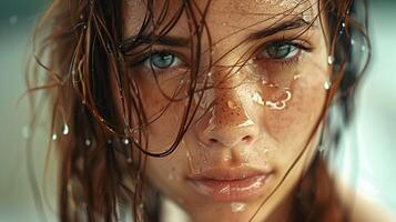 beautiful young woman with wet brown hair looking photo