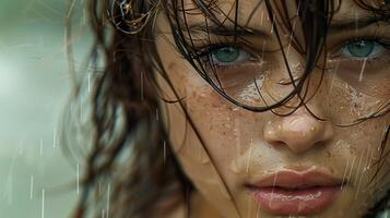 beautiful young woman with wet brown hair looking photo