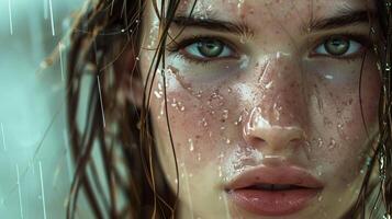 beautiful young woman with wet brown hair looking photo