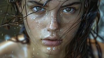 beautiful young woman with wet brown hair looking photo