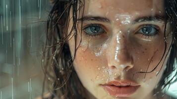 beautiful young woman with wet brown hair looking photo