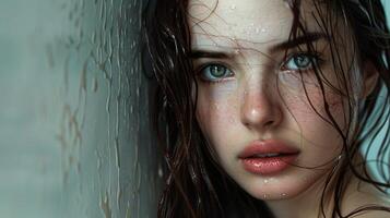 beautiful young woman with wet brown hair looking photo