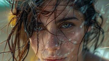 beautiful young woman with wet brown hair looking photo