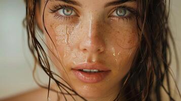 beautiful young woman with wet brown hair looking photo