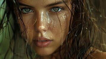 beautiful young woman with wet brown hair looking photo