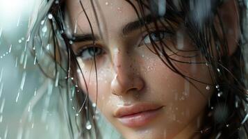 beautiful young woman with wet brown hair looking photo