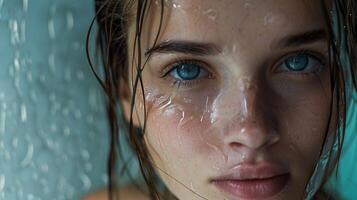 beautiful young woman with wet brown hair looking photo