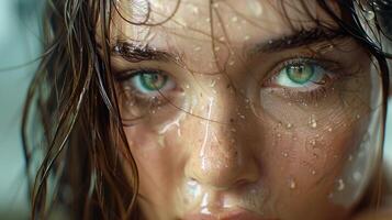 beautiful young woman with wet brown hair looking photo