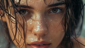 beautiful young woman with wet brown hair looking photo