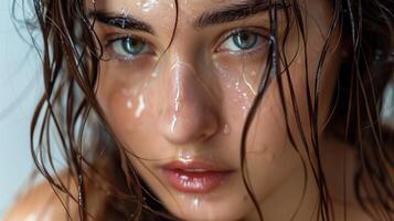 beautiful young woman with wet brown hair looking photo