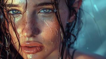 beautiful young woman with wet brown hair looking photo