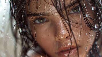 beautiful young woman with wet brown hair looking photo