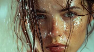 beautiful young woman with wet brown hair looking photo