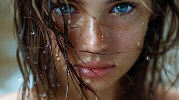 beautiful young woman with wet brown hair looking photo